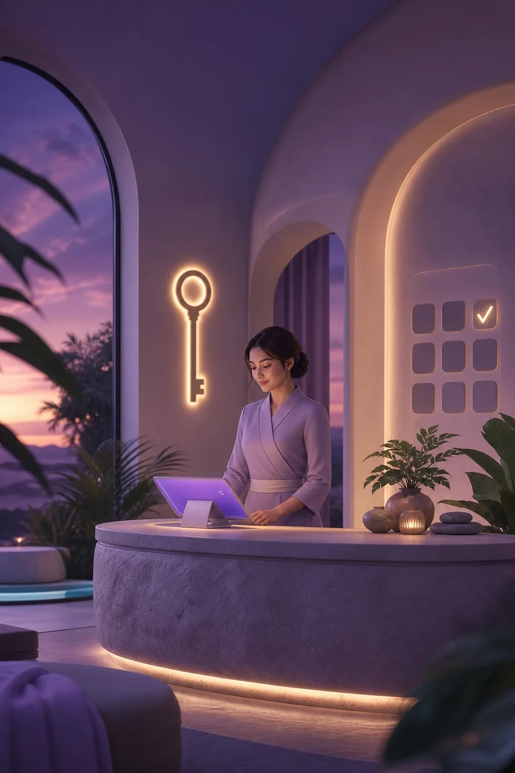 Illustration of a spa reception at dusk